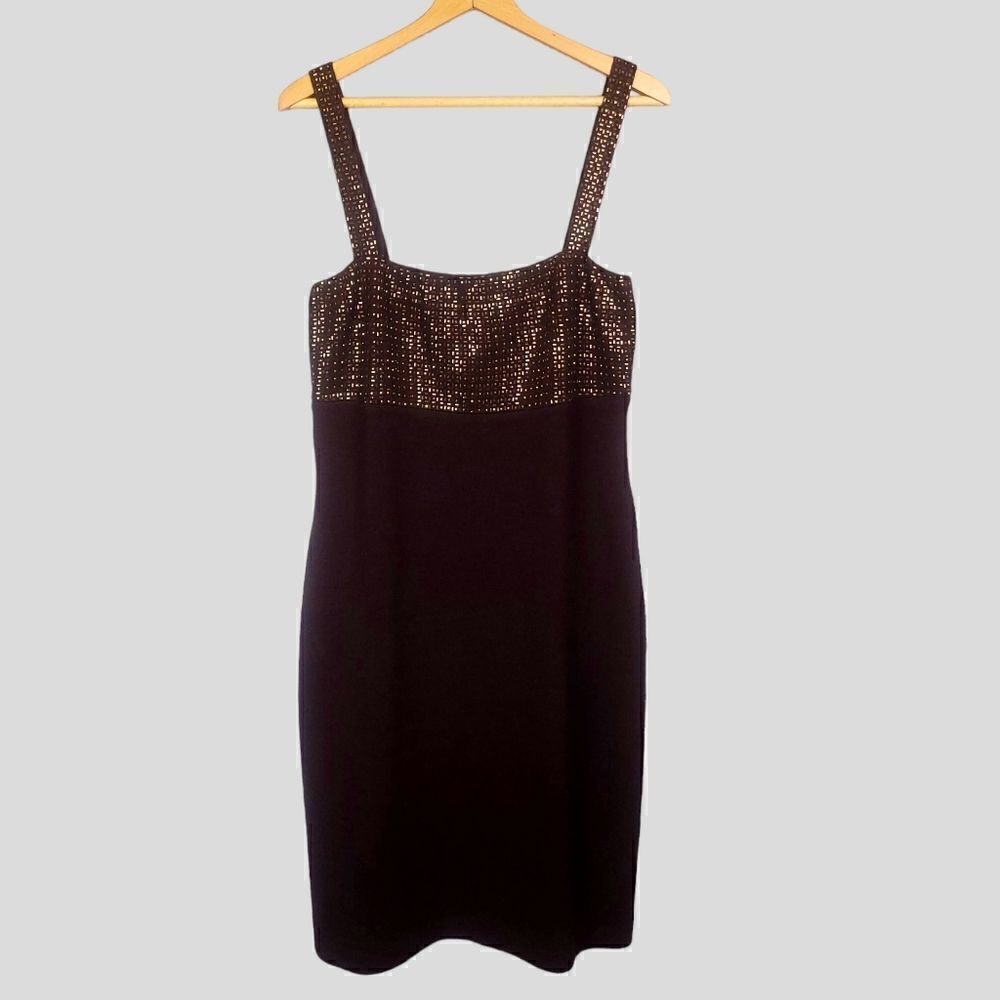St. John Evening Brown Knit Bodycon Dress Embellished Top Size 12